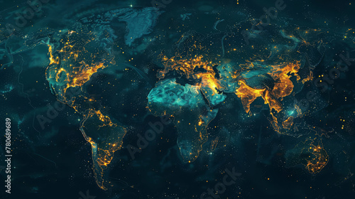 Abstract world map with glowing hotspots indicating global tech innovation hubs,