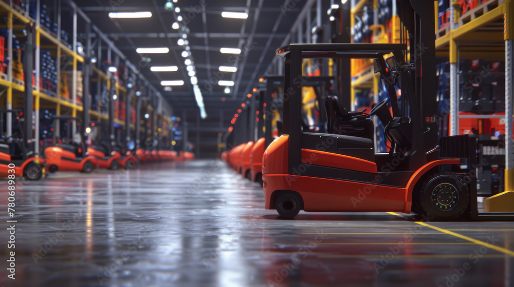 AI forklifts participating in a synchronized warehouse ballet, showcasing advanced programming