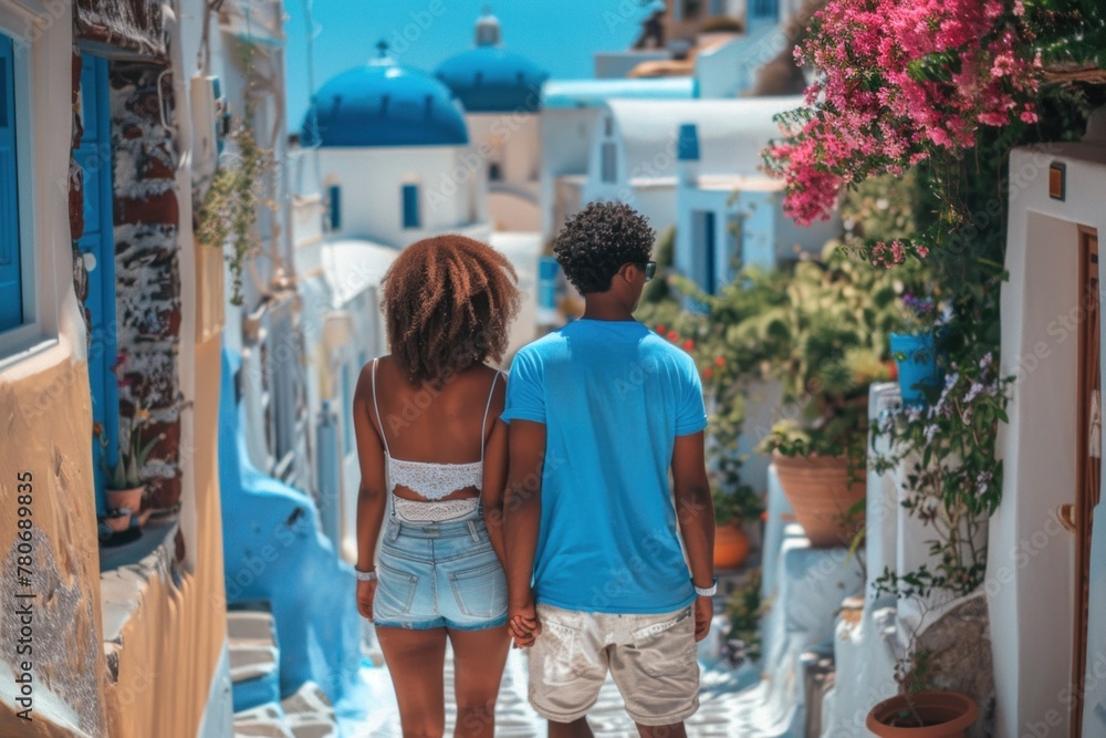 Charming Santorini Streets Romantic Couple Holding Hands, Enjoying a Leisurely Stroll in the Picturesque Greek Island Setting