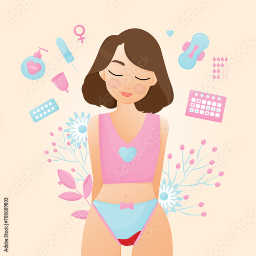 Feminine hygiene. Women with period and hygiene product tampon, sanitary pads and menstrual cup. Vector illustration EPS 10