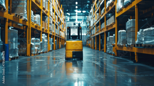 AI forklifts in action, equipped with sensors and cameras, ensuring safety and precision in a bustling warehouse,
