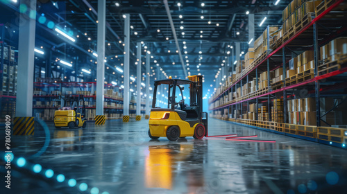 AI forklifts in action, equipped with sensors and cameras, ensuring safety and precision in a bustling warehouse,