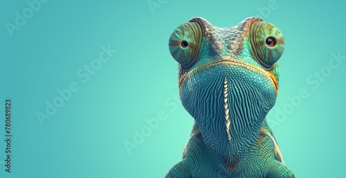 A colorful chameleon with vibrant colors, isolated on a blue background. The chameleon's face is closeup and its head turned to the side. 