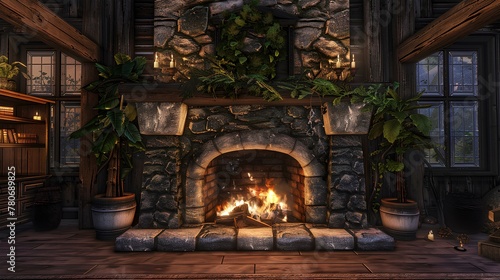 Christmas fireplace with decorations and gifts  warming home with cozy flame amidst winter festivities