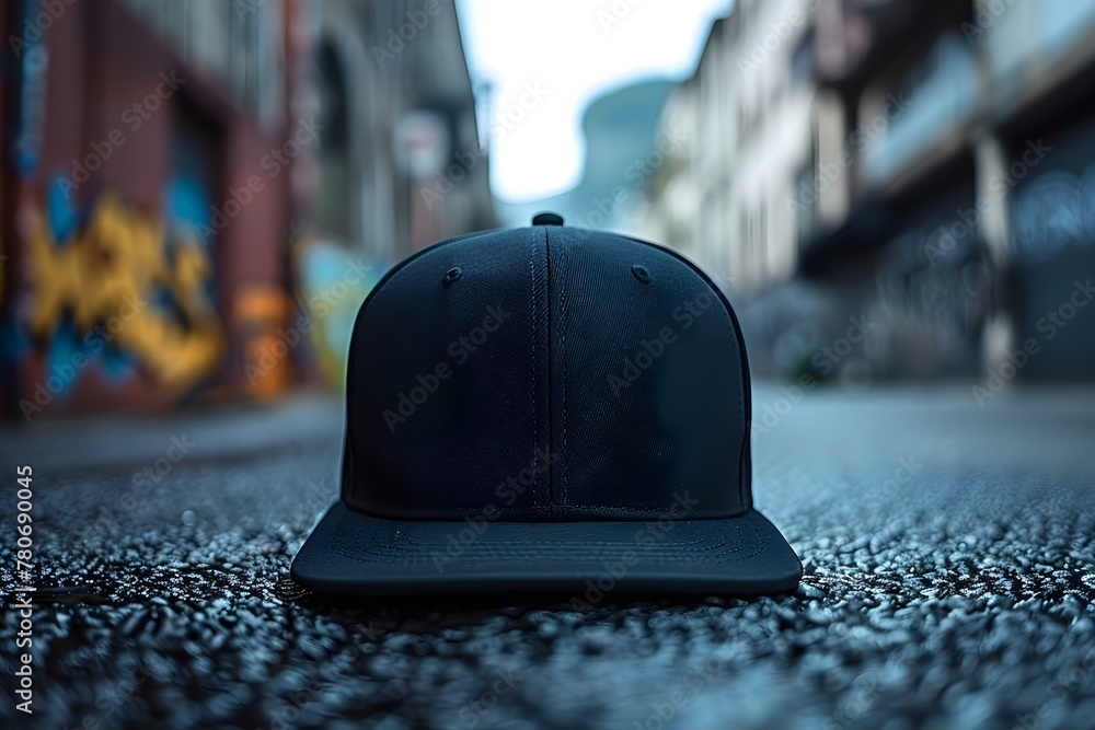 Black snapback hat on dark background for logo and brand identity mockup. Concept Mockup, Brand Identity, Logo, Dark Background, Snapback Hat - obrazy, fototapety, plakaty 