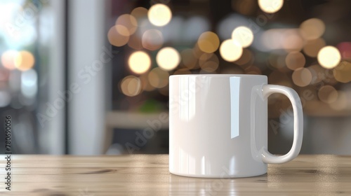 Empty white coffee cup standing on table with blurred bokeh background.
