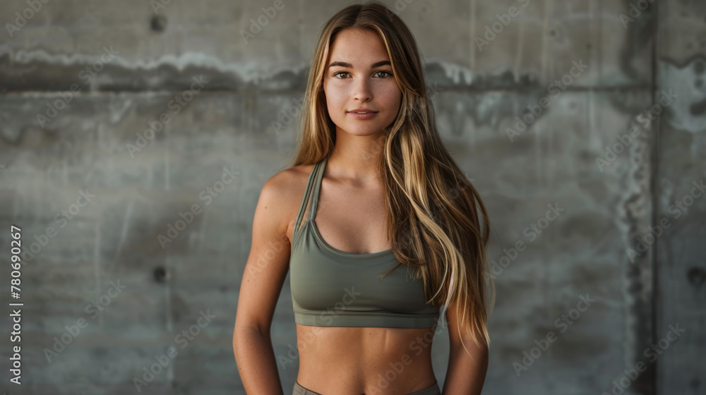 Portrait of a fit and confident young woman wearing a sports bra and leggings, standing against a concrete background.
