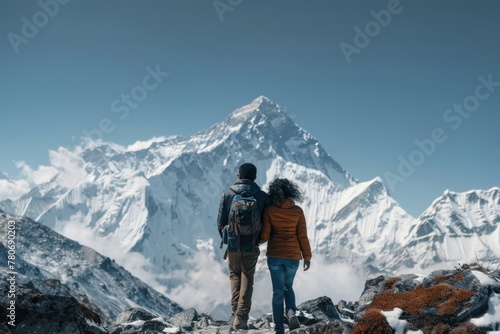 Adventurous couple embracing on rocky cliff edge, gazing upon breathtaking snow-capped mountain peaks in awe of majestic natural beauty