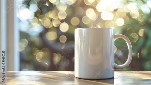 Empty white coffee cup standing on table with blurred bokeh background.