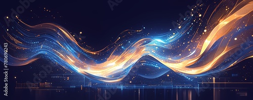 A digital abstract background featuring waves of orange and blue, representing the flow of data in an AI system's central core.  photo