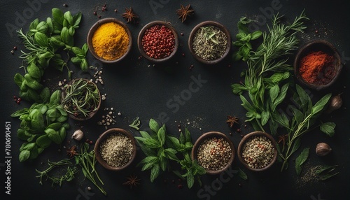 Fresh herbs and spices on dark background, central text space.