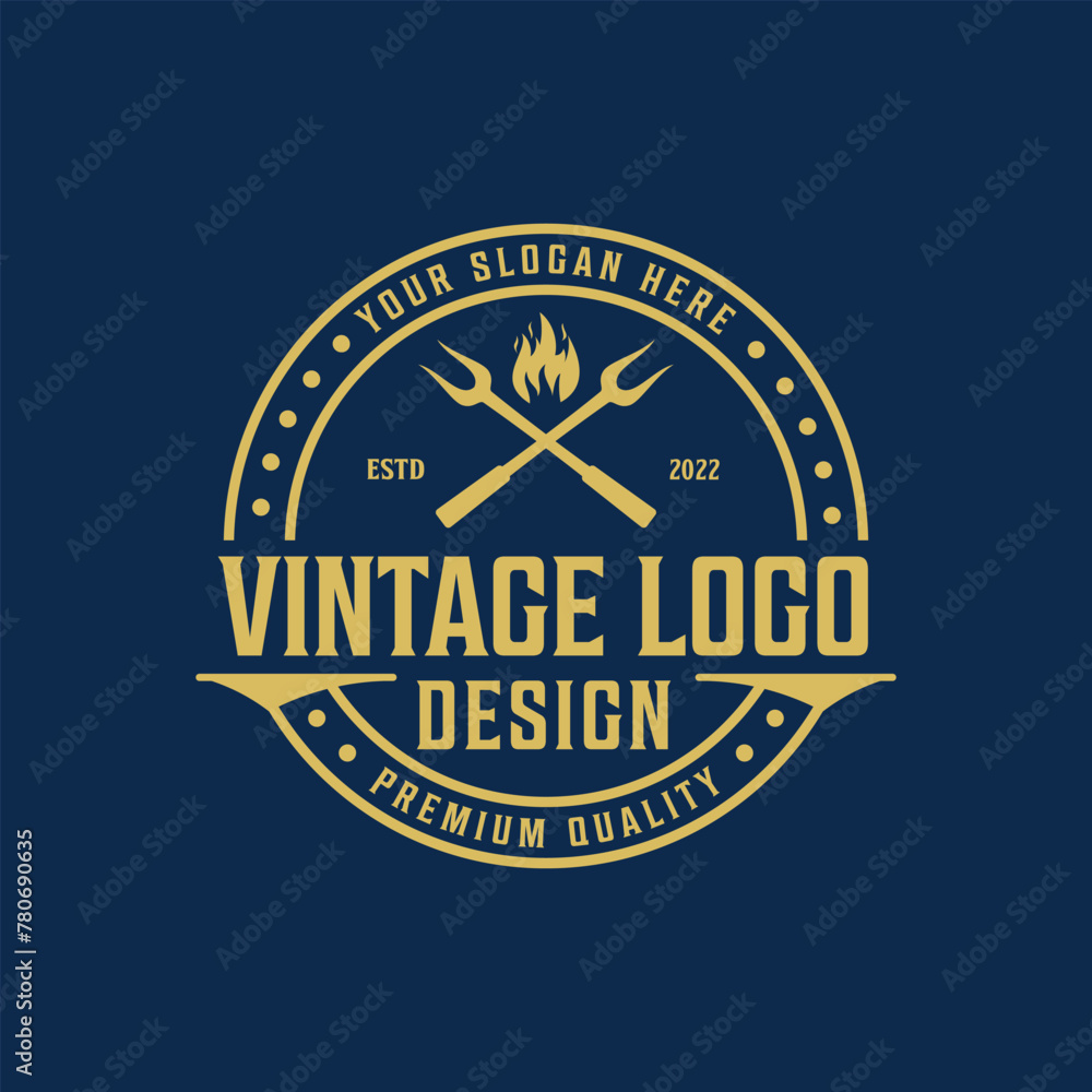 Vintage grilled western barbecue restaurant logo design retro BBQ illustration premium vector.