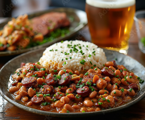 Um prato de feijão tropeiro sobre a mesa de um bar acompanhado por arroz branco, linguiça e torresmo com um copo de cerveja muito gelado.