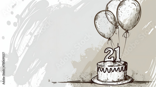 An artistic sketch of a 21st birthday cake and balloons, capturing the essence of celebration in a monochrome palette.
