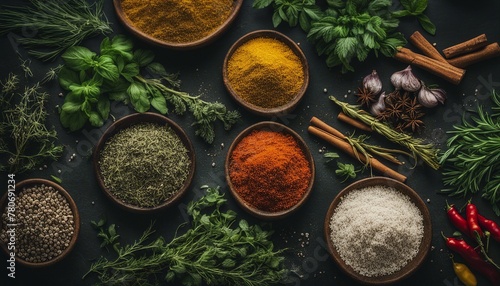 Fresh herbs and spices on dark background, central text space. photo