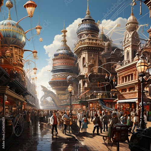 a fantastical steampunk cityscape with a building