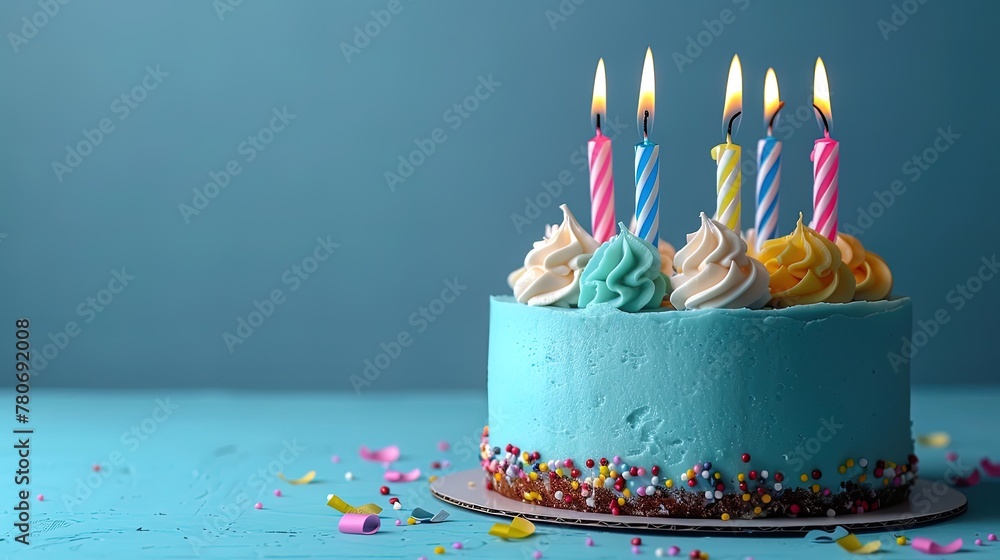 Colorful Birthday Cake with 6 Candles on Pink and Blue Background