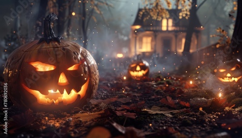 A Halloween scene with a house and pumpkins by AI generated image