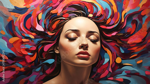 A serene female is lost in deep reflection, her hair formed by a cascade of vivid particles that harmonize with the lively, abstract setting.