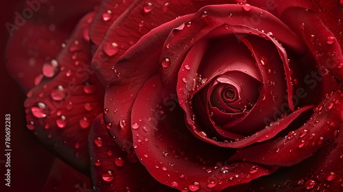 Close-up Red Rose with Water Droplets  Symbolizing Love and Beauty in Nature