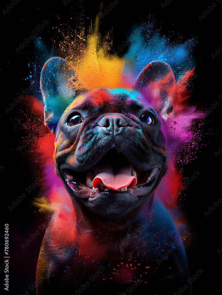 Portrait of a french bulldog celebrating holi festival Portrait of a french bulldog celebrating holi festival