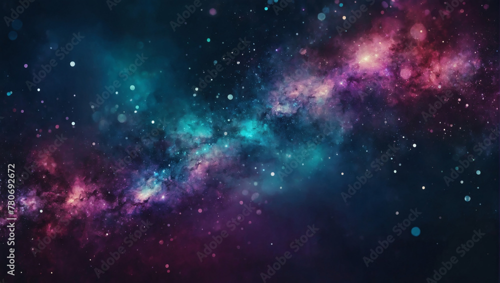 Abstract blur bokeh banner background. Galaxy-inspired tones, midnight blue, cosmic purple, celestial teal, nebula pink, and stardust silver.