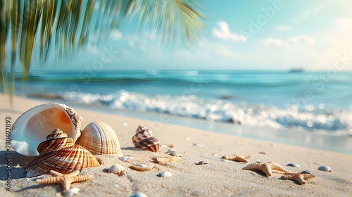 sand with some shells and starfish close up on the beach with the blue sea on background. Summer time concept.