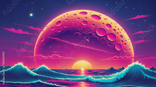 Escaping reality in a surreal retrowave world with calm blue ocean waves and a beautiful golden hour sunset and large moon behind the sun.	