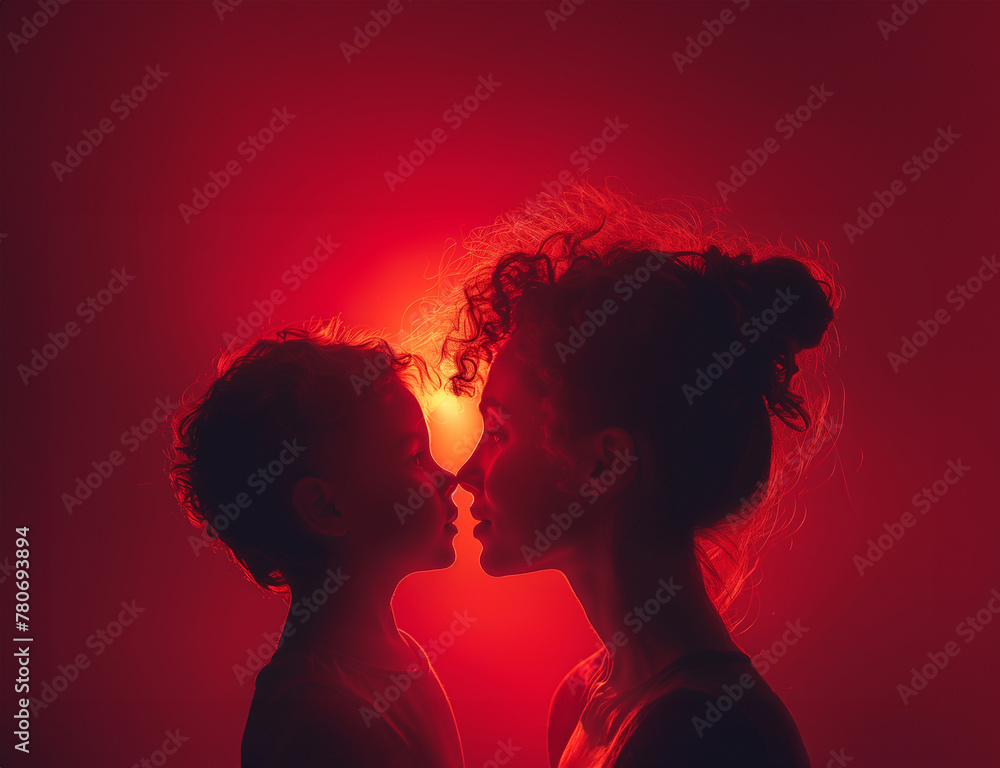 beautiful photography for mother's day, a mother with her children on red background