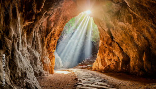 A mysterious cave with sunlight shining through. Tajemnicza jaskinia z przebi...
