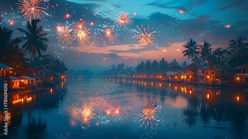 Vibrant fireworks lighting up the predawn sky on Vishu, reflecting over a tranquil river with traditional Kerala homes in the background. AI Generated photo