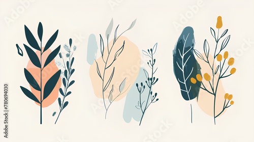 Feathered Nature Abstract: Vector Illustration with Seamless Floral Pattern and Silhouette Drawing of Autumn Leaves