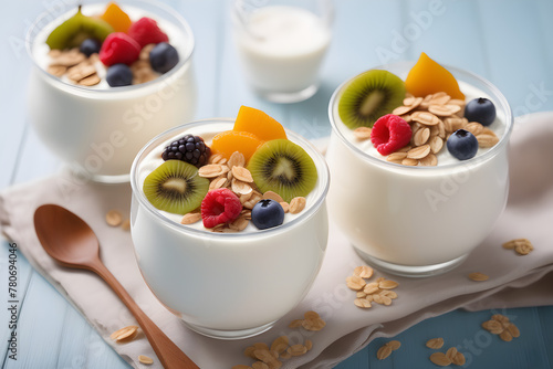 three servings of yogurt with oatmeal, berries and fruits in glass glasses stand on the table, wooden spoon, kiwi, raspberries, mango, blueberries, healthy diet breakfast, weight loss, proper nutritio