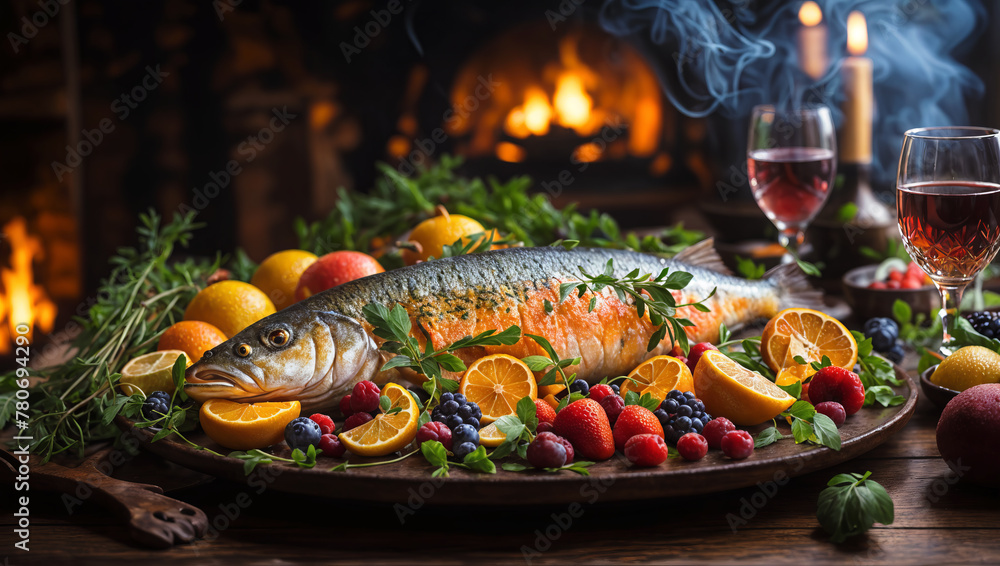 Festive table with fish and wine