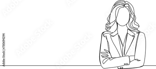 continuous single line drawing of confident woman in business attire, arms crossed, line art vector illustration