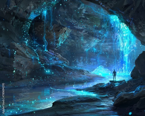 Exploring Bioluminescent Caves: A Person Amidst Glowing Crystal Formations