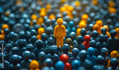 Conceptual image of a unique yellow person standing out in a sea of dark figures, representing brand differentiation and standing out from the competition photo
