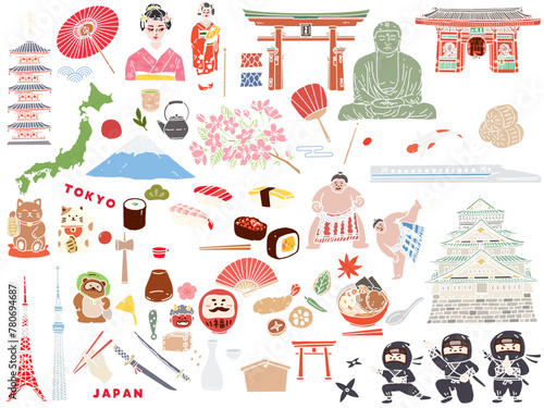 日本の手書きイラスト(東アジア、旅行、文化、観光)