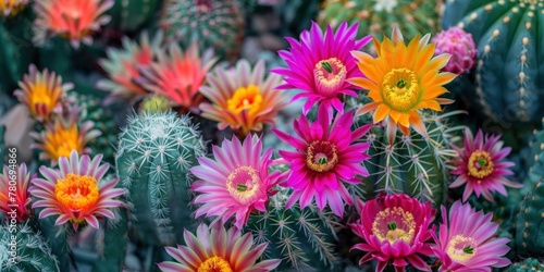 A variety of cacti with colorful blooms ranging from yellow to pink and purple.