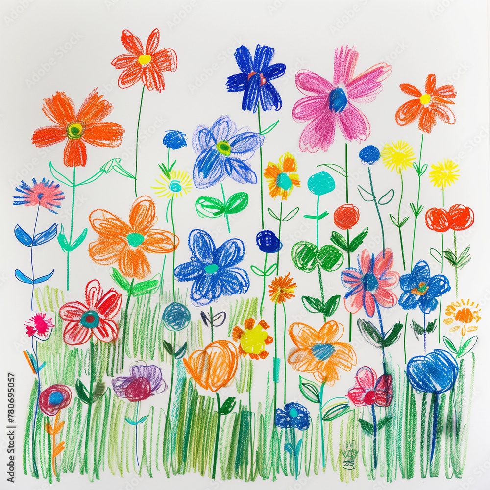 childs crayon drawing of flowers, scribble marks and pencil marks visible on white paper background childs crayon drawing of flowers, scribble marks and pencil marks visible on white paper background
