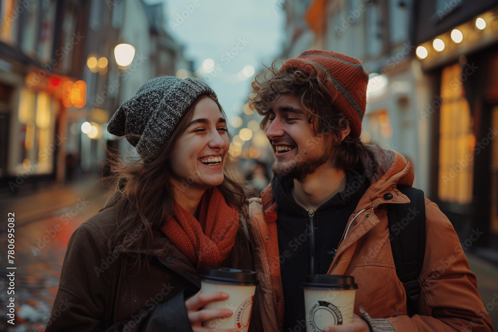 Close up of a couple is smiling and hugging each other on a sunny day, coffee cups in hand, in a quaint city square and capturing a moment of joy
