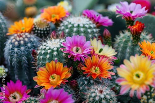 A variety of cacti with colorful blooms ranging from yellow to pink and purple.