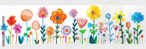 childs crayon drawing of flowers, scribble marks and pencil marks visible on white paper background photo