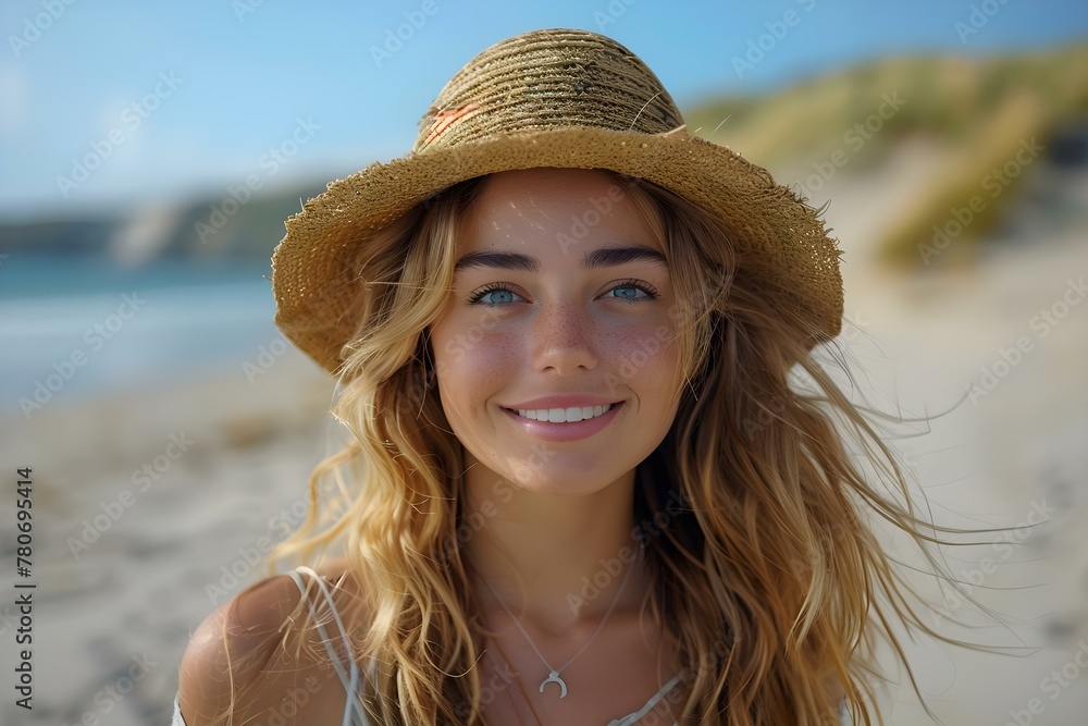 Young woman in straw hat and light top smiling on sandy beach. Concept Outdoor Photoshoot, Beach, Smiling, Young Woman, Straw Hat