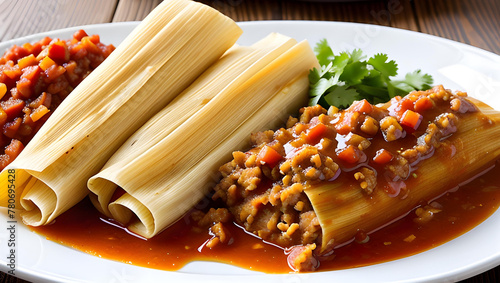 Unos tricos tamales de carne molida de res con jitomate en trozos photo