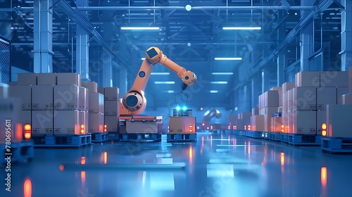 Automated Robot Carriers And Robotic Arm In Smart Distribution Warehouse
