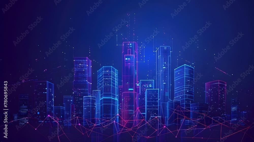 Sci-fi futuristic neon city of skyscrapers cityscape with space and light effect. Modern hi-tech, science, futuristic technology concept. Abstract digital high tech city design for banner background