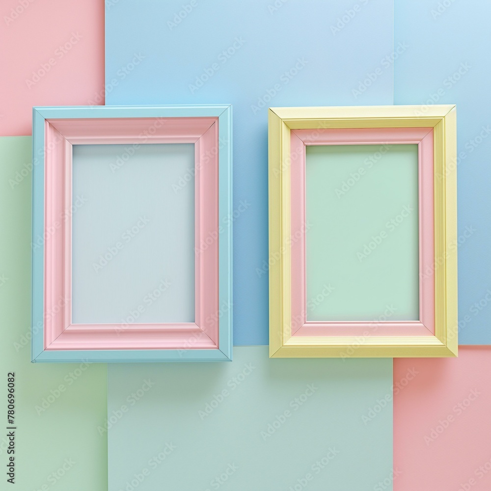 Wood pink color ornate collection picture frame, three empty frames on colorful background