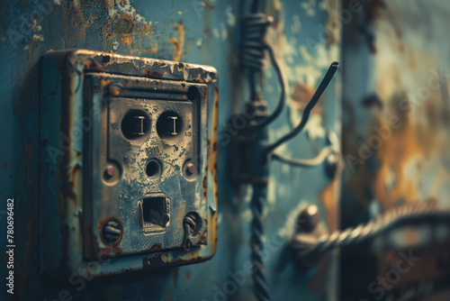 Close-up of an old broken outlet with bare wires sticking out. Replacing electrical wiring in an old apartment, the danger of electricity.