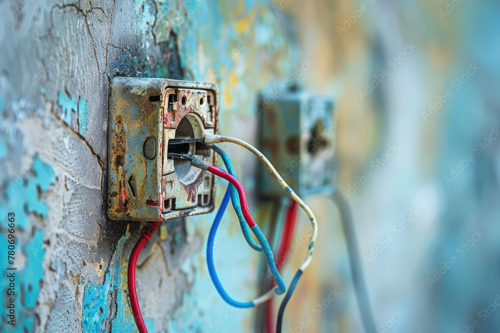 Close-up of an old broken outlet with bare wires sticking out ...